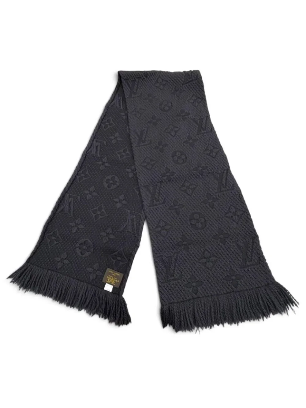 Louis Vuitton Echarpe Logo Mania Monogram Wool Silk Scarf with Fringe Dark Gray